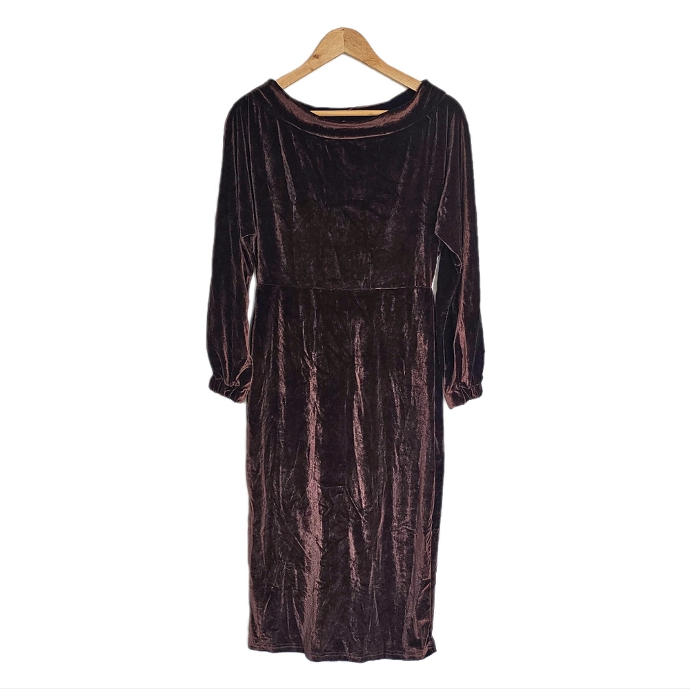 Chocolate Brown Velvet Bodycon Longsleeve Midi Dress Large